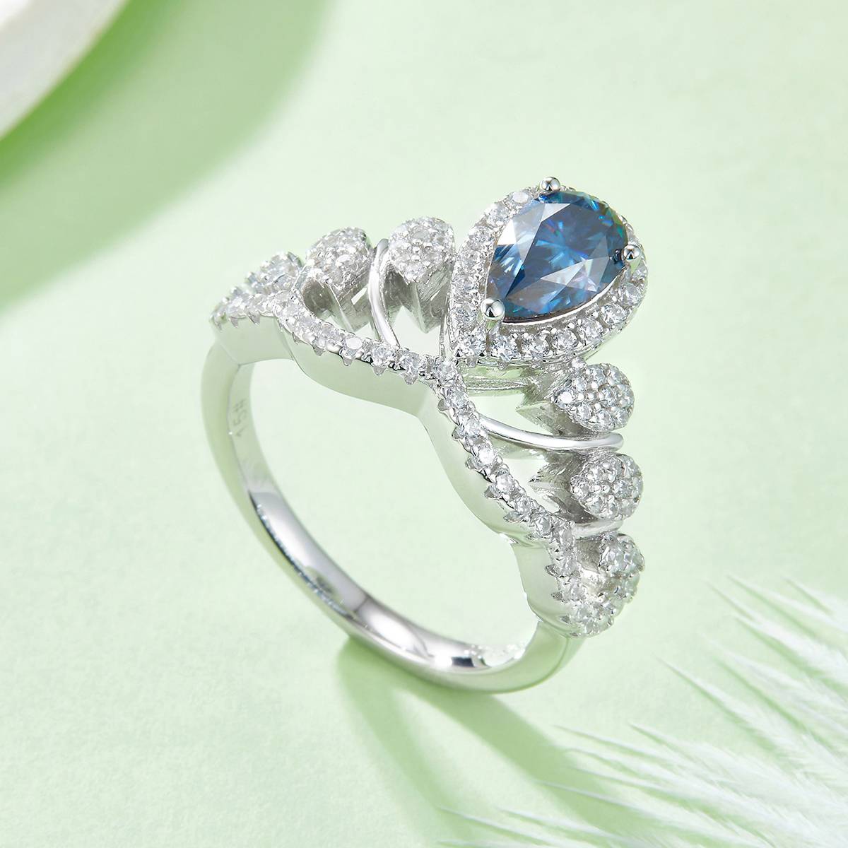 V-shaped Queen Water Drop S925 Silver Plated Platinum Colored Moissanite Diamond Women's Ring 1 Carat D-Class